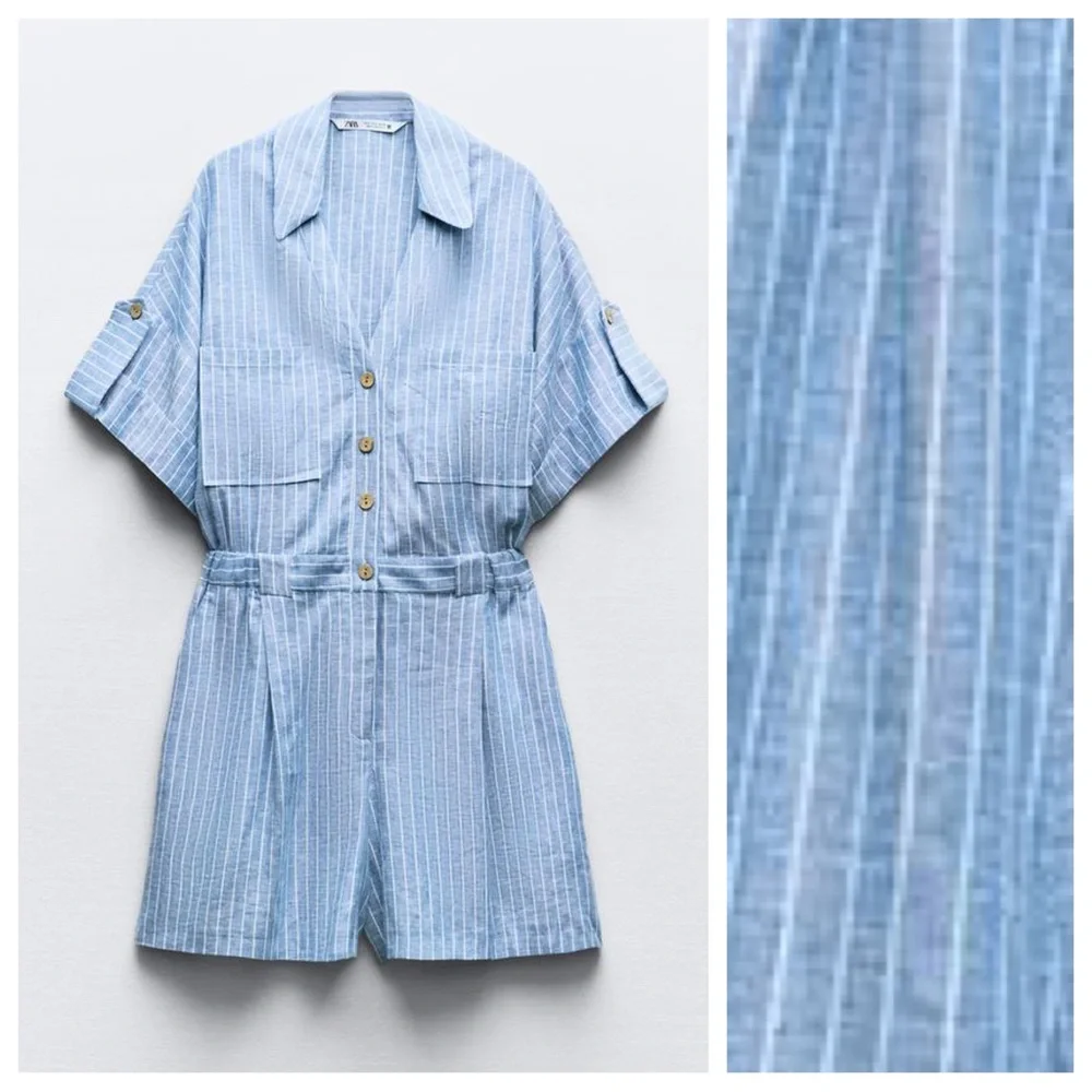 Zara Light Blue Pinstripe Linen Blend Romper